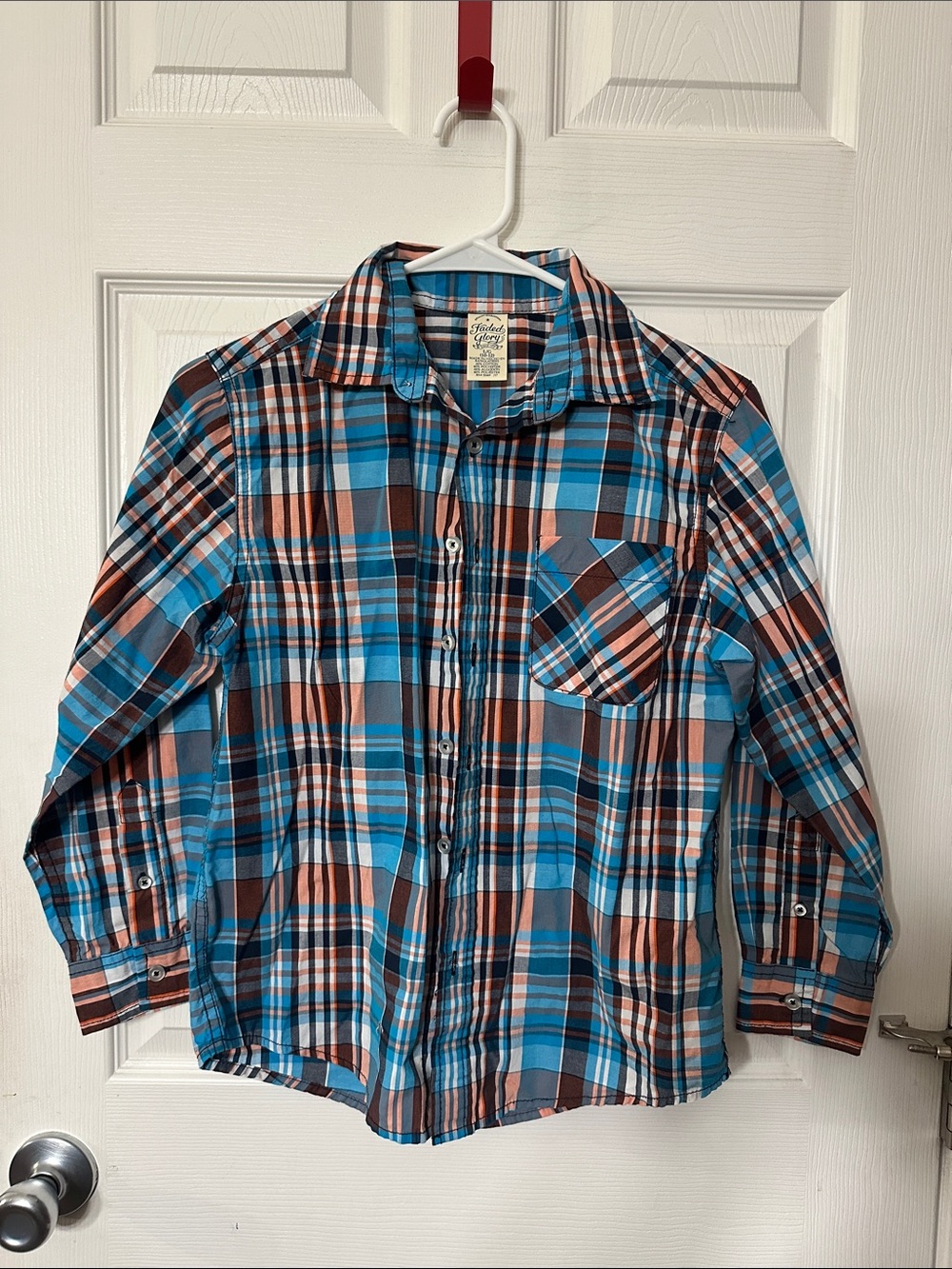 Faded Glory Teal, Brown & Coral Plaid Button-Up